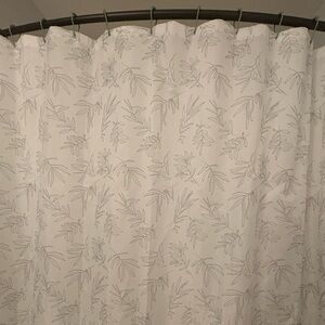 White & Light Green Leaf Design Shower Curtain with matching Green Hooks +  rug